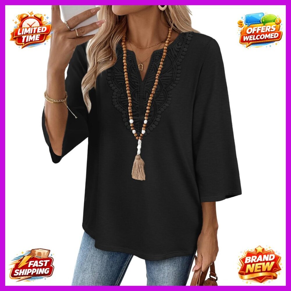 Boho V-Neck Lace Tunic Top 3/4 Sleeve Women's Blouse S-3XL